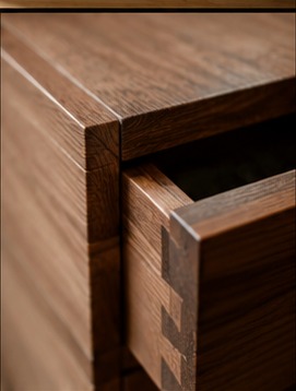 Close-up of a hand-cut dovetail joint on a walnut drawer.