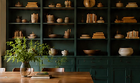 Open shelving styled with hand-thrown ceramics, turned bowls, and stacked books.
