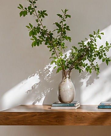 A stoneware vase with flowering branches, lit by afternoon sun, resting on a walnut shelf.