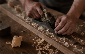 A craftsman's hands guiding a hand plane along a strip of walnut in the workshop.