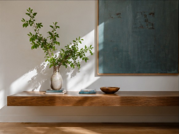 A floating walnut console beneath a sunlit window, styled with a stoneware vase, books, and a turned wooden bowl.