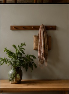A wall-mounted walnut entry shelf with hooks, holding a woven scarf, beside a stoneware vase.