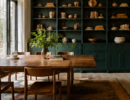 Built-in dining room cabinetry in deep green, paired with a solid oak dining table, in a Boulder, Colorado home.